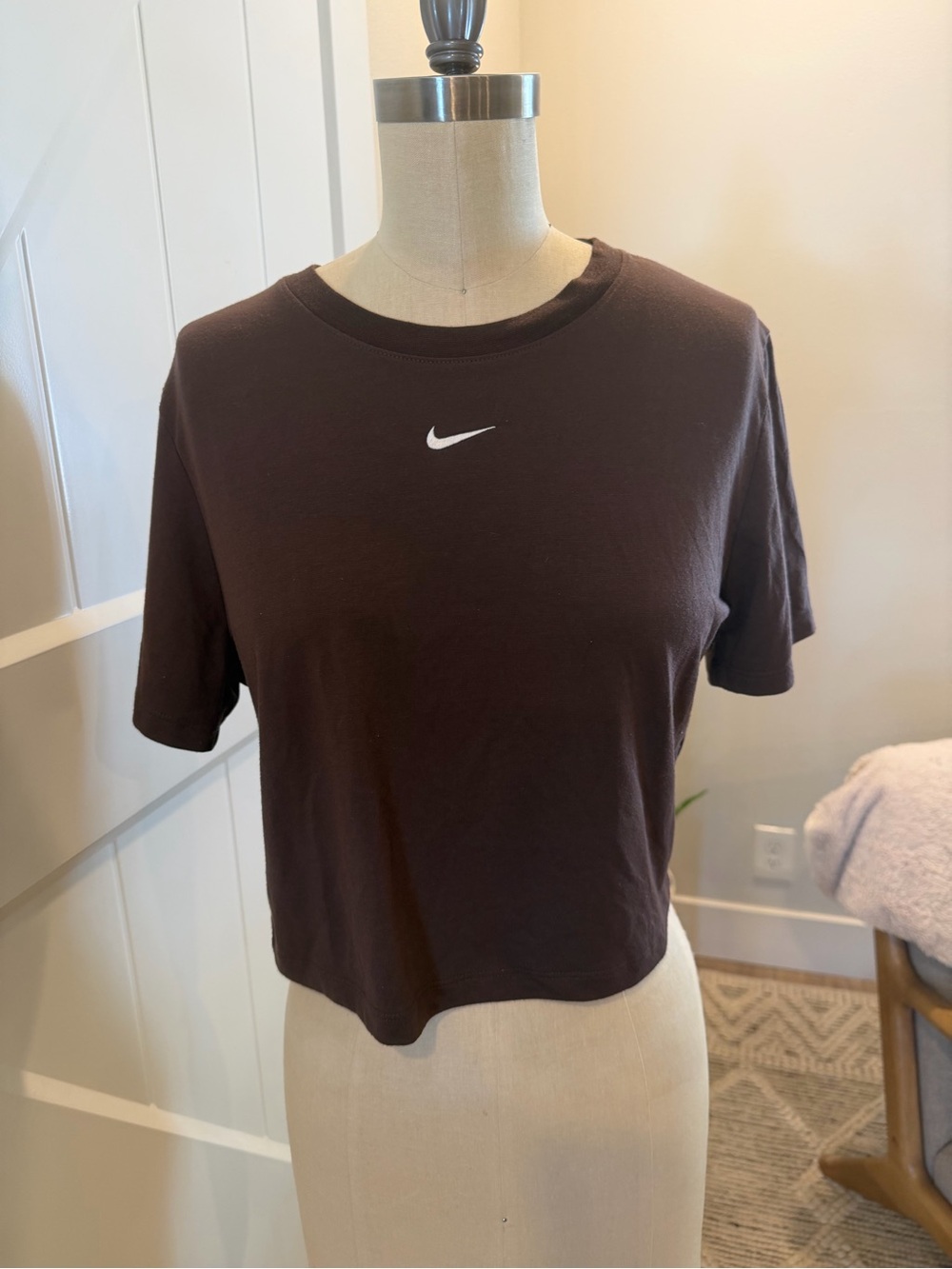 Nike Chocolate Brown Cropped Crew Tee with White Swoosh